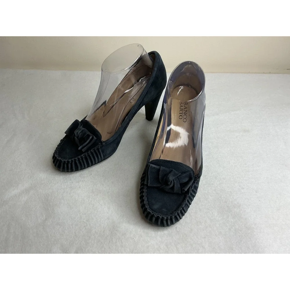Franco Sarto Womens L-Happy Navy Blue Suede Moccasin Toe Bow Pumps Heels 7M